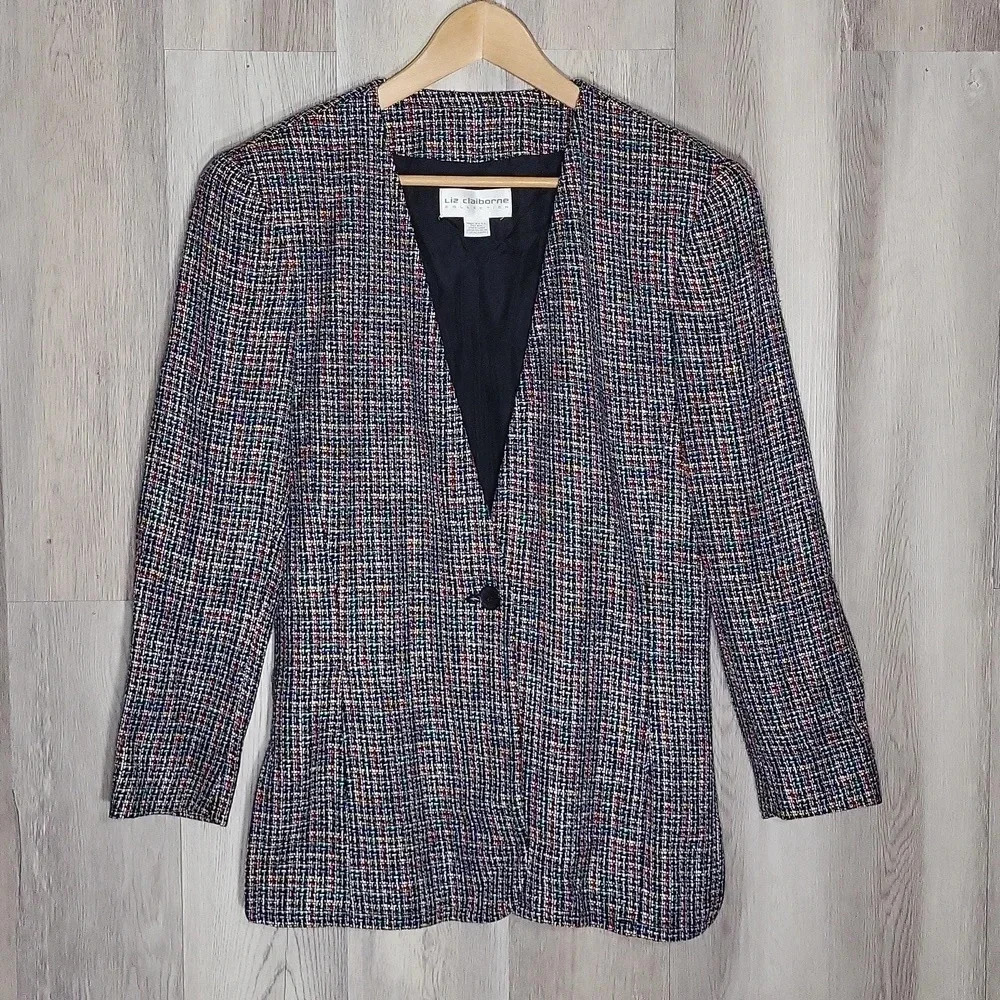 Liz Claiborne Vintage Tweed Speckled Multicolored Lined Blazer Womens Size 10